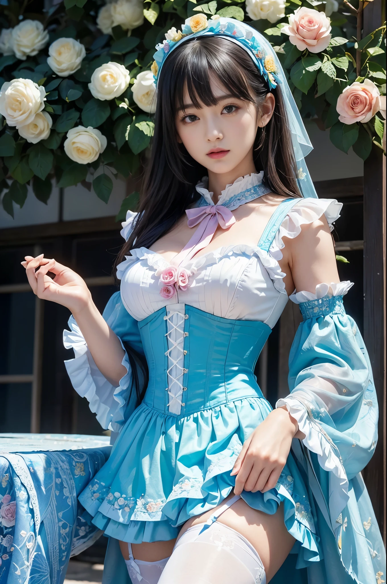 sexy stylish female model, only 1 female, ((doll-like appearance)), ((ultra detailed Victorian-Style boots)), beautiful smile, ultra detailed eyes, vivid eye makeup, lipgloss, long lashes, defined eyebrows, ((sexy Paradise Kiss cosplay)), bell-shaped skirt, petticoats, high neckline, puffed sleeves, (( ultra detailed lace)), ((ultra detailed embroidery)), intricate details, Paradise Kiss accessoires and matching headpiece, choker, ((large sparkling Paradise Kiss jewelry)), cinematic light, detailed large park background with trees