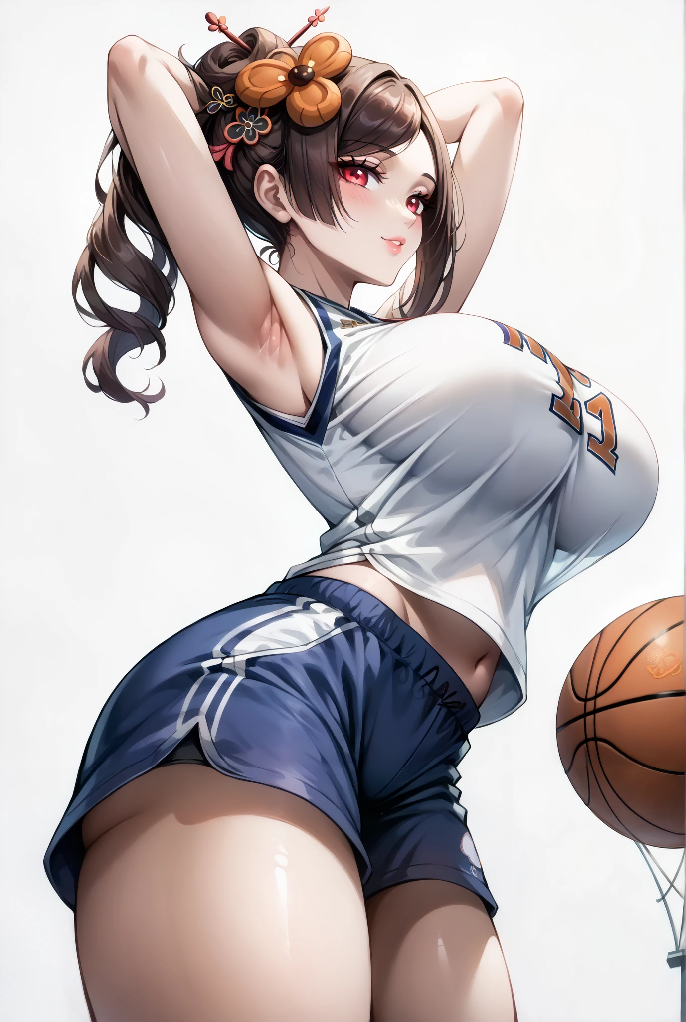 Masterpiece: 1.2, Best quality), Realistic, (Real picture, rich detail details, depth of fields), (1girll, Solo), Makeup, harelip, High detail, Perfect face shape, (Big breasts: 1.4), (skin indentation ), thick thight, Wide hips, Big breasts Thin waist, Tall guy, coral, Redlip, red - eyed, horse tailed，(((（Girl playing basketball, Transparent black basketball suit)))）, (sweat leggs: 1.2), (dampness), Raised sexy, Be red in the face，Sweaty,((good hands)), 
ชุดรัดรูป, กางเกงในสีขาว, เปียก,
