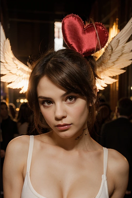 red and gold bunny costume, Scarlett Johansson face, Zendaya eyes, platinum hair, beauty, photorealism, 8k, super detailed, symmetrical face, high detail, front facing, looking at camera, sharp focus, extreme long shot