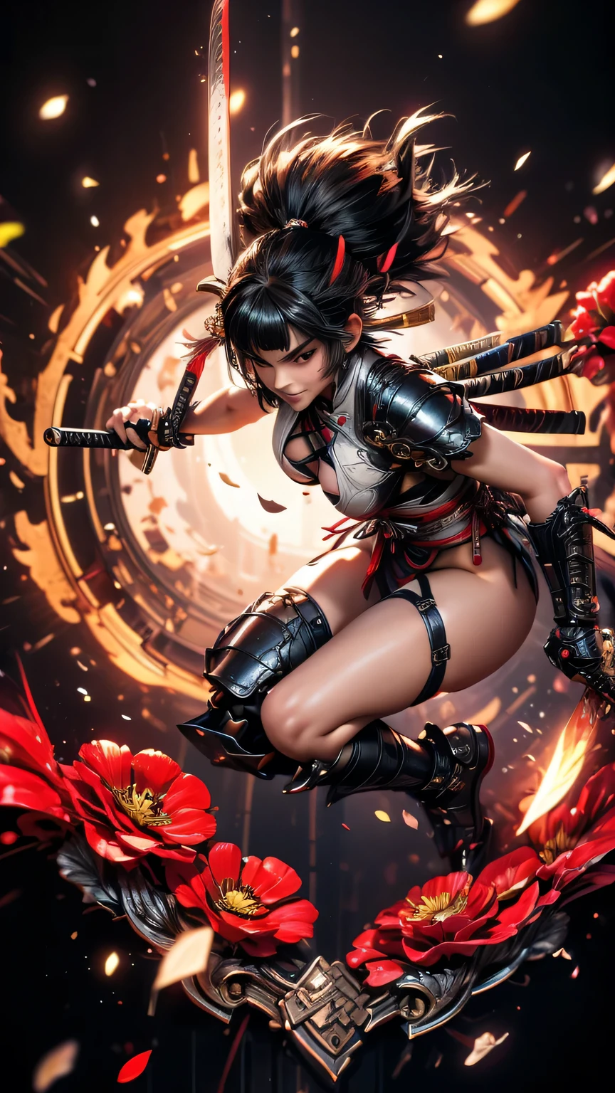 young woman,Oiran,warrior,wielding a huge_weapon, very detailedな, realist,(seductive smile:1.3),( from front:1.6),(),(battle pose:1.8), Brilliant Appearance ,extremely detailed, Imaginative,sensual ,Top Quality, skin texture,(Bob cut hair:1.8),(black hair),muscular,(large breasts:1.6),(underboob),(red Samurai armor:1.8),(black cloak),(gypsy skirt),garter belt,black tights,absolute region with to,intricate details scattered around the vagina ,dynamic lighting,(black background:1.6),(flower geranium confetti:1.3),(flowering flower geranium:1.4), RAW photos , 8k, masterpiece, Top Quality,Ultra Detailed,very detailed, intricate details scattered around the vagina ,high resolution,超intricate details scattered around the vagina,very detailed 8k cg wallpaper,