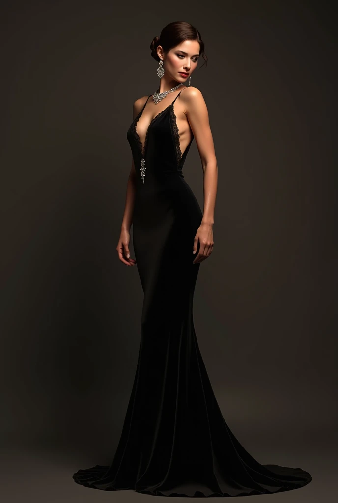 1920s femme fatale, elegantly dressed in a sleek black floor-length gown with a plunging neckline and intricate beading, short wavy bobbed hair with a finger wave, bold dark red lipstick, exuding danger and seduction, pinup, full body shot, standing