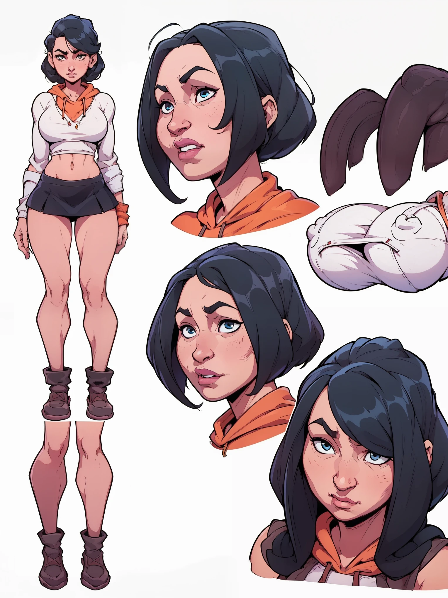 mari, wide hips, black hair, 1girl, cms, (longer wavy haircut, curly hair), k4r3nh41r, exaggerated inflated legs, 4k, highly details, (((tiny breasts))), ((wearing a casual loose hoodie and short skirt)), sensual, 4k, highly detailed face, perfect skin, detailed face, focus on eyes, anatomically correct, ((((reference sheet, simple white background, (multiple views), (full body), dynamic pose,,))))