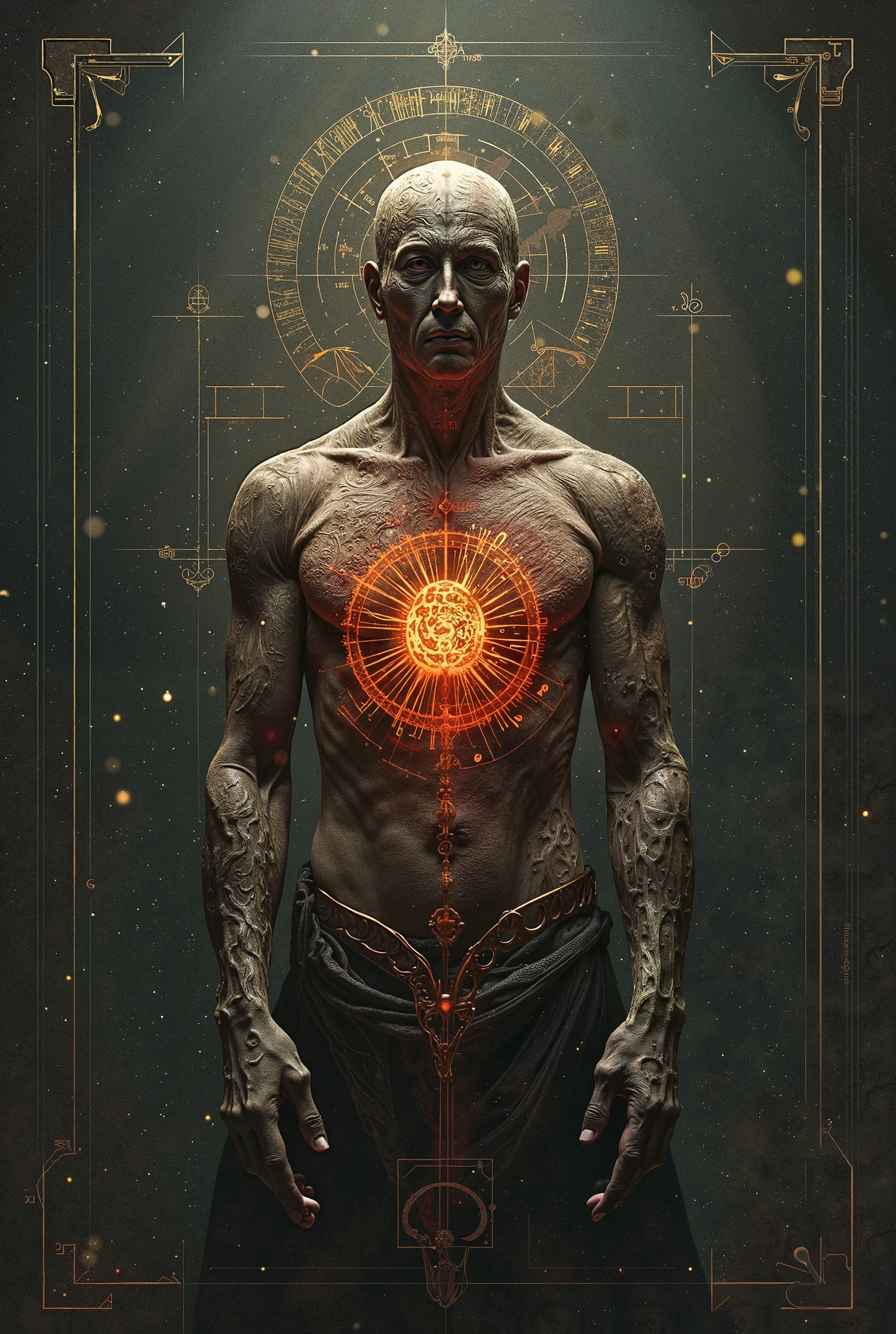 Central Figure: A human figure without facial features, with partially transparent skin, showing tattoos all over his body.
tattoo's: Various symbols, Palavras, and colored drawings emerging from within the figure, representing identity and lived experiences.
fund: Abstract with soft shades of gray and blue, suggesting an introspective and reflective environment.
energy flow: Lines of light connecting the figure's head and chest to the tattoos, symbolizing the relationship between mind (subjectivity) and body (corporeality).
Narrative elements: Floating icons around the figure, like clockwork, a flower, and a flame, representing moments of life.
circular patterns: A smooth pattern around the figure, simbolizando o fluxo contínuo de identidade e subjectivity.