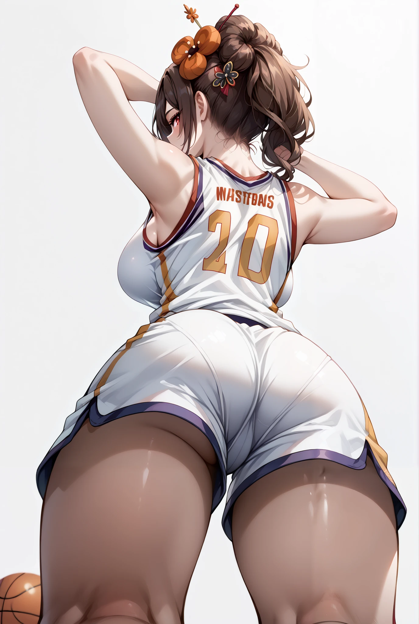 score_9, score_8_up, score_7_up, source_anime, 4K,perfect fingers,(perfect hands, perfect anatomy),prefect lighting, very aesthetic, intricate details,highly detailed background, masterpiece, high quality, best quality,
1girl,Solo,genshinchiori, chiori, brown hair, hair ornament, red eyes, hair flower, large breast,
wearing ((basketball uniform, basketball jersery, sportswear, jersey, shorts, sleeveless, )) ,,
perfect sexy female body, ((NO BALL:1.7)), Point-of-view shot, (sexy and seductive pose:1.2), Standing, A sagging breast, ((Low Angle Angle View:1.5)), ((White plain background:1.5)) , ((leaning forward:1.3)), looking at the spectator, ((arms behind head:1.5)), ((Back view:1.5)),