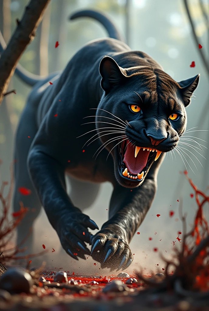 A black panther with blue eyed and holding in mouth deer head and mouth full of blood, car is passing from jungle a location is beautiful jungle with some of wild animals , car number is SMP
