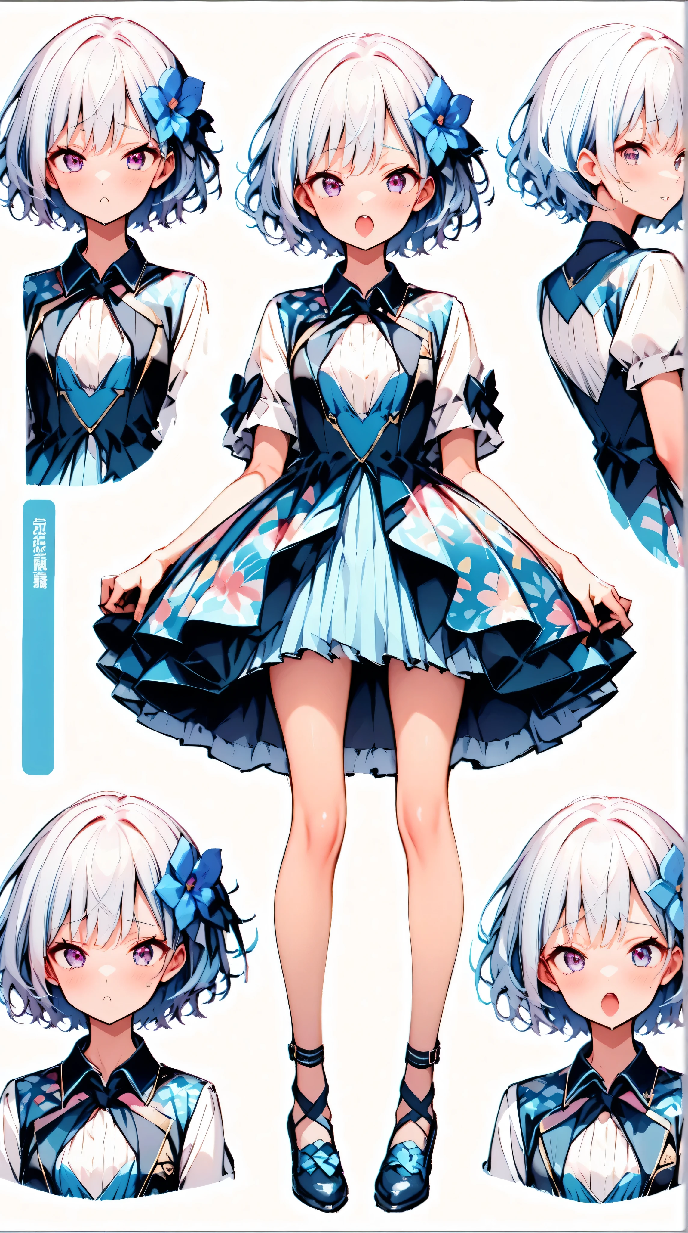 Alone、 slim、Petite、22 years old、 height 158 cm、An Extraordinary Beauty、short hair、 light blue hair、thin legs、Petiteなお尻、Idol-like eyes、
((flower pattern dress))、full body、facing directly、 my mouth is open、((Hands ahead of the skirt、Lower your hands straight))、Character sheet、and the background is blank、