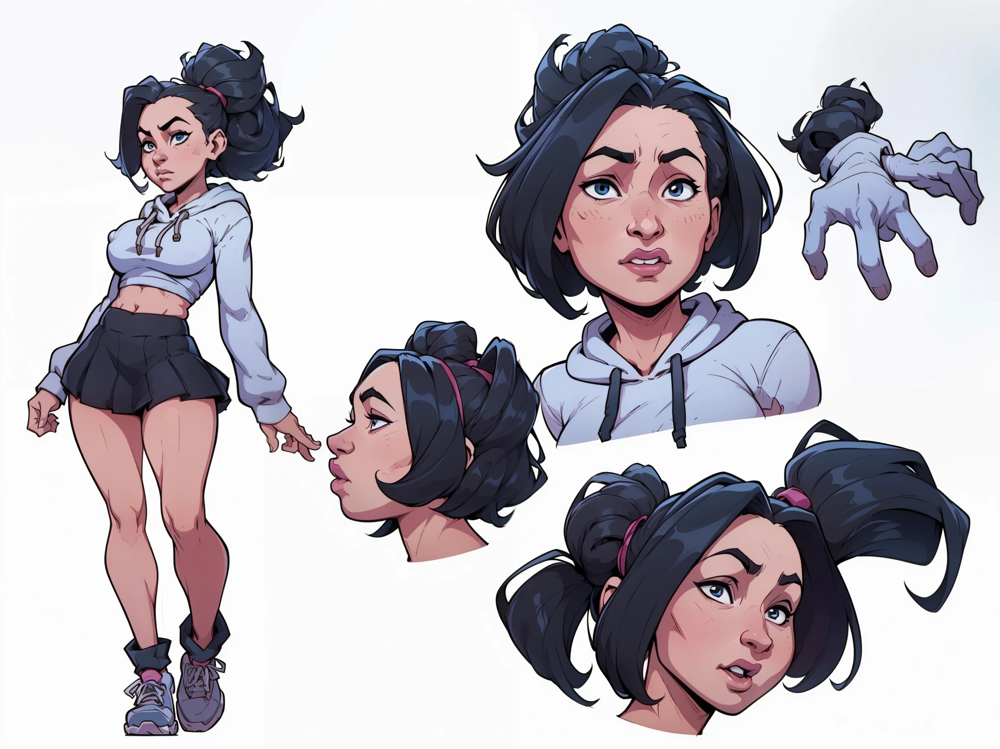 mari, wide hips, black hair, 1girl, cms, (longer wavy haircut, curly hair), k4r3nh41r, exaggerated inflated legs, 4k, highly details, (((tiny breasts))), ((wearing a casual loose hoodie and short skirt)), sensual, 4k, highly detailed face, perfect skin, detailed face, focus on eyes, anatomically correct, ((((reference sheet, simple white background, (multiple views), (full body), dynamic pose,,))))