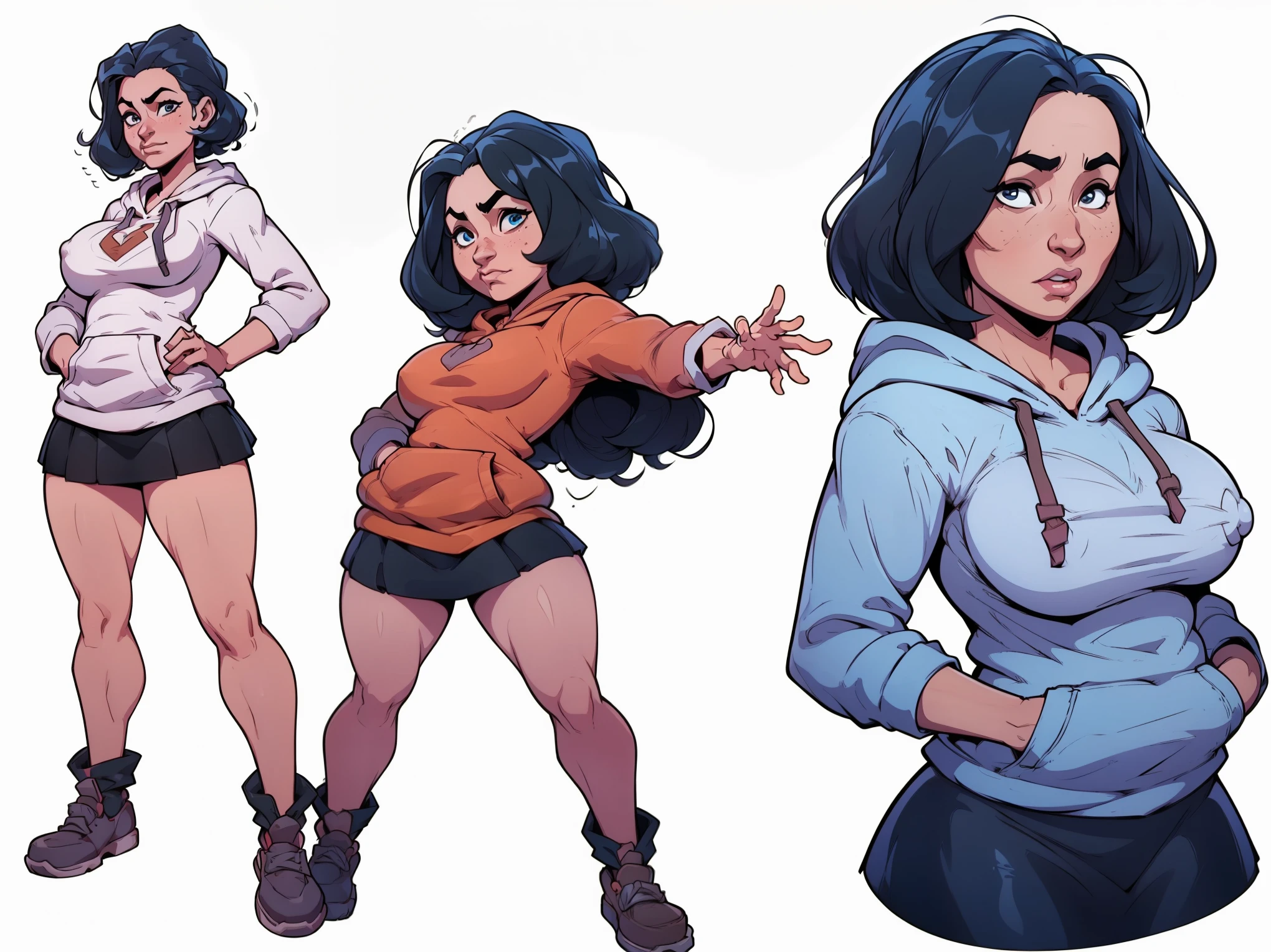 mari, wide hips, black hair, 1girl, cms, (longer wavy haircut, curly hair), k4r3nh41r, exaggerated inflated legs, 4k, highly details, (((tiny breasts))), ((wearing a casual loose hoodie and short skirt)), sensual, 4k, highly detailed face, perfect skin, detailed face, focus on eyes, anatomically correct, ((((reference sheet, simple white background, (multiple views), (full body), dynamic pose,,))))