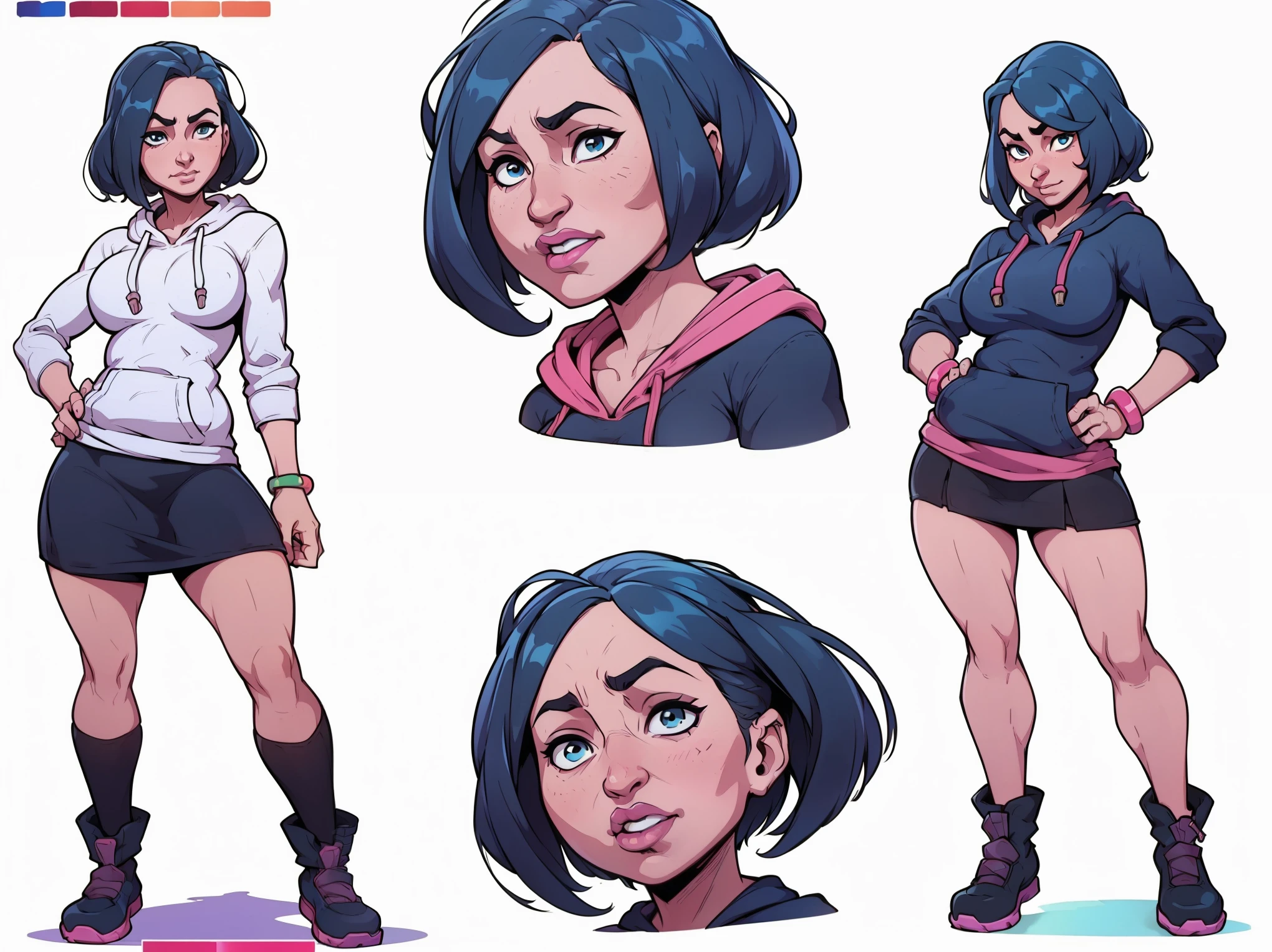mari, wide hips, black hair, 1girl, cms, (longer wavy haircut, curly hair), k4r3nh41r, exaggerated inflated legs, 4k, highly details, (((tiny breasts))), ((wearing a casual loose hoodie and short skirt)), sensual, 4k, highly detailed face, perfect skin, detailed face, focus on eyes, anatomically correct, ((((reference sheet, simple white background, (color guide:1.2), (multiple views), (full body), dynamic pose,,))))