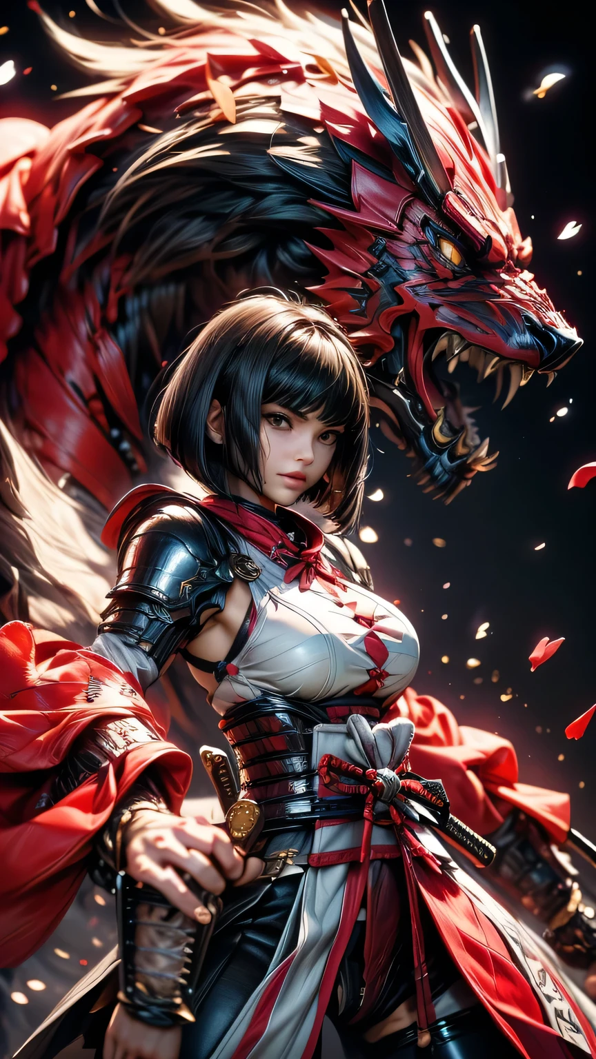young woman,Oiran,warrior,wielding a huge_weapon, very detailedな, realist,( from front:1.3),(portrait:1.3),(battle pose:1.8), Brilliant Appearance ,extremely detailed, Imaginative,sensual ,Top Quality, skin texture,(Bob cut hair:1.8),(black hair),muscular,(large breasts:1.6),(underboob),(red Samurai armor:1.8),(black cloak),(gypsy skirt),garter belt,black tights,absolute region with to,intricate details scattered around the vagina ,dynamic lighting,(black background:1.6),(flower geranium confetti:1.3),(flowering flower geranium:1.4), RAW photos , 8k, masterpiece, Top Quality,Ultra Detailed,very detailed, intricate details scattered around the vagina ,high resolution,超intricate details scattered around the vagina,very detailed 8k cg wallpaper,