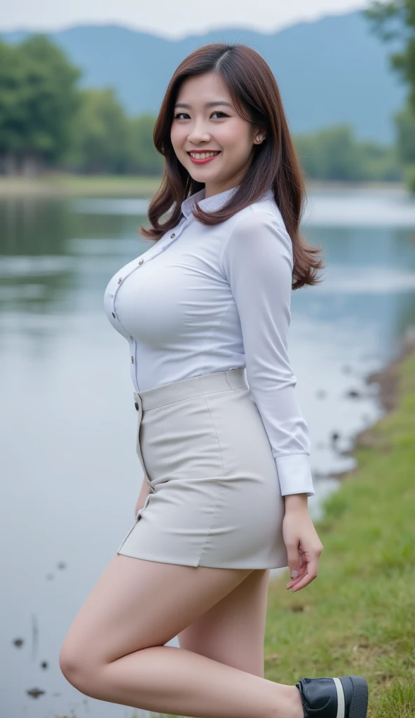 ((best quality)), ((masterpiece)), ((wear  shirt)), ((standing near garden)),  (detailed),"Generate an ultra-realistic, high-resolution headshot of a 21-year-old woman with a green skirt that accentuates her curves. with cleavage,((smiling)),((leaning forward))