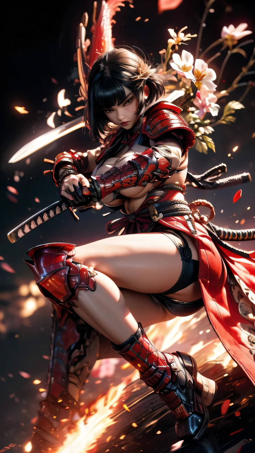 young woman,Oiran,warrior,wielding a huge_weapon, very detailedな, realist,( from front:1.3),(),(battle pose:1.8), Brilliant Appearance ,extremely detailed, Imaginative,sensual ,Top Quality, skin texture,(Bob cut hair:1.8),(black hair),muscular,(large breasts:1.6),(underboob),(red Samurai armor:1.8),(black cloak),(gypsy skirt),garter belt,black tights,absolute region with to,intricate details scattered around the vagina ,dynamic lighting,(black background:1.6),(flower geranium confetti:1.3),(flowering flower geranium:1.4), RAW photos , 8k, masterpiece, Top Quality,Ultra Detailed,very detailed, intricate details scattered around the vagina ,high resolution,超intricate details scattered around the vagina,very detailed 8k cg wallpaper,