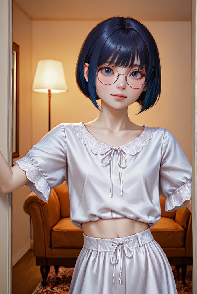 High resolution, Highest quality,  super high quality, Very detailed, 8K、(underwear:1.2)、、Embarrassing、Sweaty、Sweat、Embarrassing、(masterpiece:1.2, Highest quality), (Realistic, photoRealistic:1.4), Beautiful illustrations, (Natural Side Lighting, Cinema Lighting), View your viewers, whole body, 1 Girl, Japanese, high school girl, Perfect Face, Cute and symmetrical face, Shiny skin, Baby Face, (short hair, Low twin tails,Black Hair), Hair between the eyes, black eye, Big eyes, Droopy eyes, (Center of chest, Captivating thighs, Big Ass)、(Glasses:1.2)