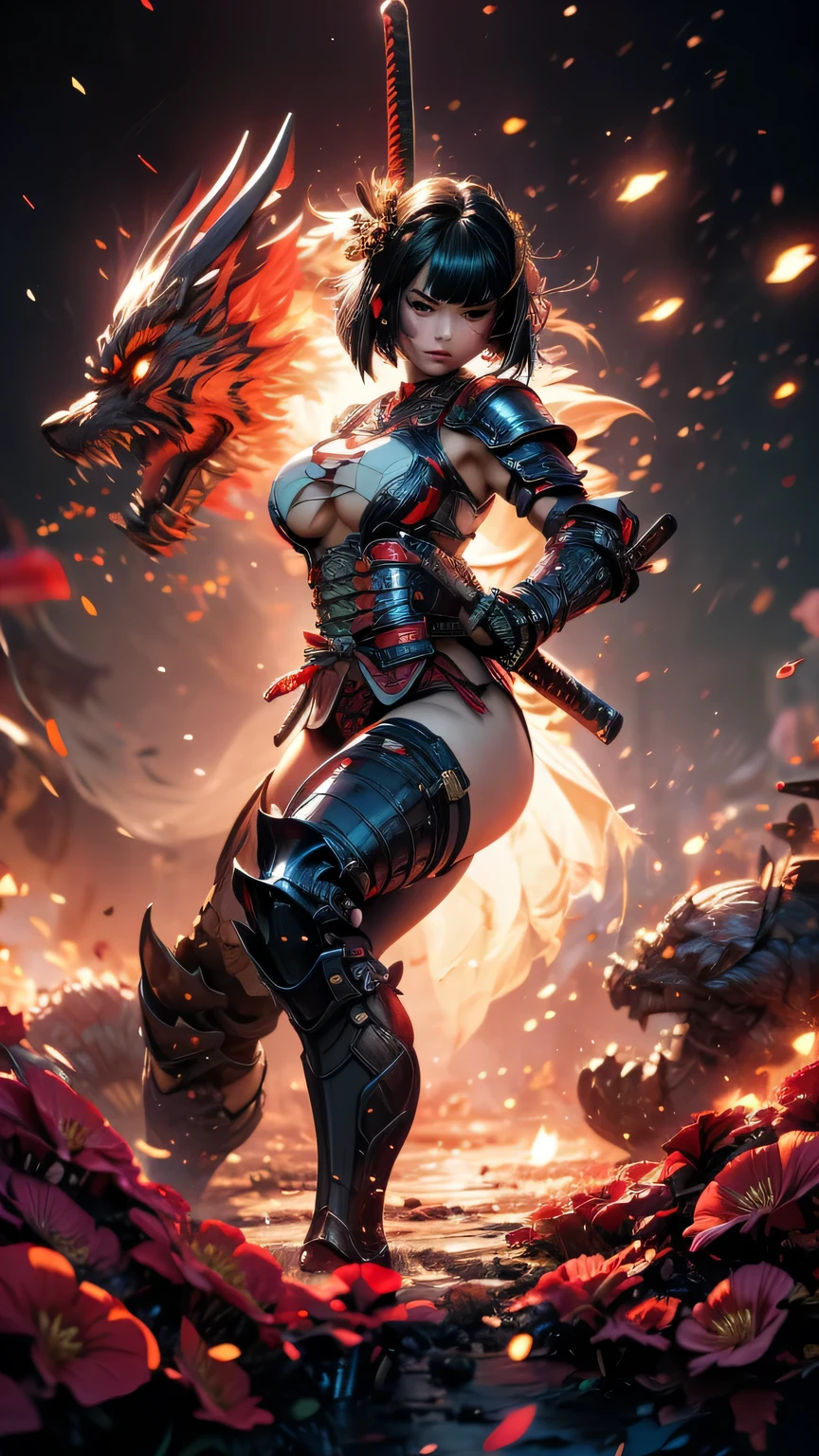 young woman,Oiran,warrior,wielding a huge_weapon, very detailedな, realist,( from front:1.3),(),(battle pose:1.8), Brilliant Appearance ,extremely detailed, Imaginative,sensual ,Top Quality, skin texture,(Bob cut hair:1.8),(black hair),muscular,(large breasts:1.6),(underboob),(red Samurai armor:1.8),(black cloak),(gypsy skirt),garter belt,black tights,absolute region with to,intricate details scattered around the vagina ,dynamic lighting,(black background:1.6),(flower geranium confetti:1.3),(flowering flower geranium:1.4), RAW photos , 8k, masterpiece, Top Quality,Ultra Detailed,very detailed, intricate details scattered around the vagina ,high resolution,超intricate details scattered around the vagina,very detailed 8k cg wallpaper,