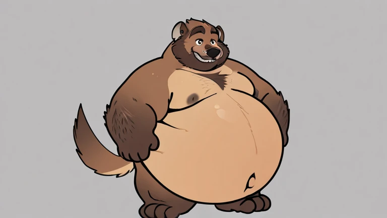 by Bayard wu, solo, furry, anthro, beaver, male, naked, standing, E621, chubby body, giant and thick Flaccid penis exposed, simple image background, front view.
