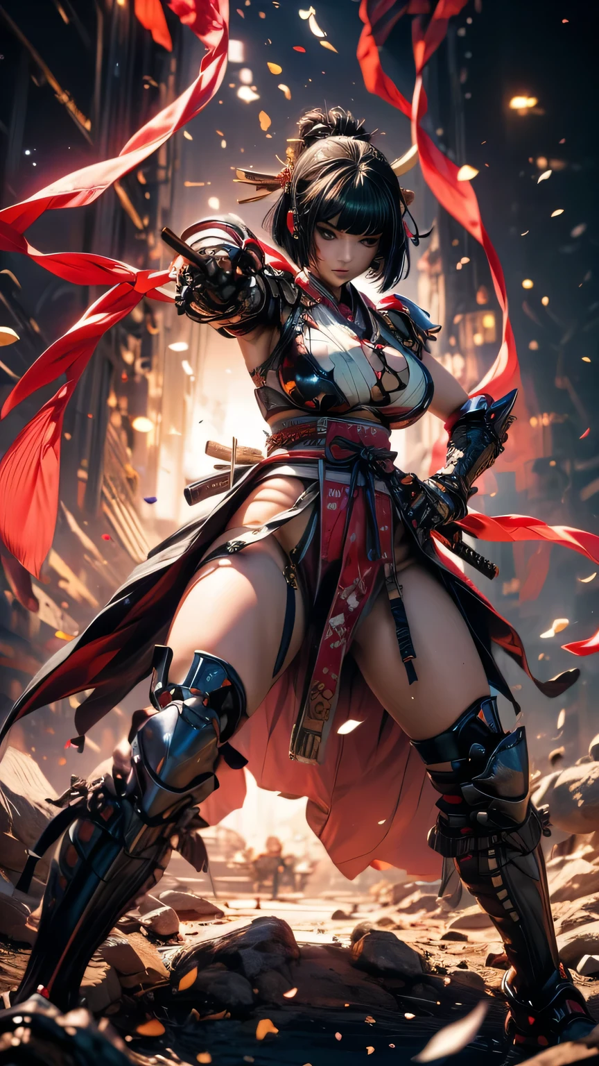 young woman,Oiran,warrior,wielding a huge_weapon, very detailedな, realist,( from front:1.3),(),(battle pose:1.8), Brilliant Appearance ,extremely detailed, Imaginative,sensual ,Top Quality, skin texture,(Bob cut hair:1.8),(black hair),muscular,(large breasts:1.6),(underboob),(red Samurai armor:1.8),(black cloak),(gypsy skirt),garter belt,black tights,absolute region with to,intricate details scattered around the vagina ,dynamic lighting,(black background:1.6),(flower geranium confetti:1.3),(flowering flower geranium:1.4), RAW photos , 8k, masterpiece, Top Quality,Ultra Detailed,very detailed, intricate details scattered around the vagina ,high resolution,超intricate details scattered around the vagina,very detailed 8k cg wallpaper,