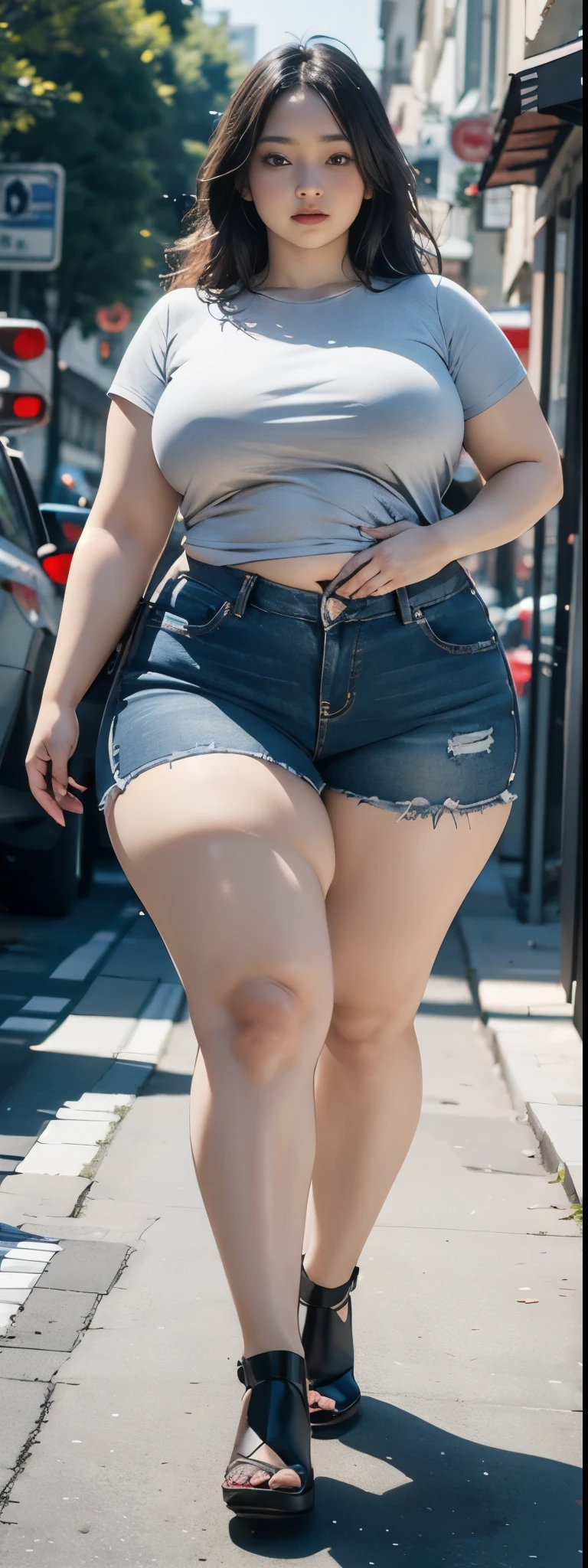 ((best quality)), ((masterpiece)), (detailed), perfect face, araffe woman in a dark-blue shirt and blue denim skirt walking down a street, thicc, she has a jiggly fat round belly, bbwchan, wearing tight simple clothes, skinny waist and thick hips, widest hips, her belly is fat and round, soft curvy shape, hyperrealistic full figure, wearing a cute top, wide hips