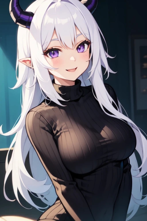 (Artwork: 1.2), (best quality, Official Artwork, Masterpiece, 8k, HD, Ultra-Detailed), 1 woman, elf woman, mature, tall (2.11), a beautiful 32 year old woman, dark skin, white hair, straight hair and bright, (hair over one eye), (big hair), (eye red), ultra realistic eye, super detailed eye, eyes well proportioned to your face, extremely detailed eye, perfect eye, extremely realistic eye, well-lined eye, long eyelashes, Anime style, perfect face, face that looks about 32 years old, full lips, smiling, mature, Dark skin, natural body, sexy body, MILF body, (ideal body proportion), perfect hands, detailed hands, fine hands proportioned to the body, realistic hands, arms with good anatomy, she was wearing only an immaculate black dress that still could not hide her huge and large breasts that drooped due to her size, thick thighs, wide hips, Looking at the viewer, configuration of background, setting in an forest with wooden houses in the background, ultra-detailed, posing alone Looking at the viewer