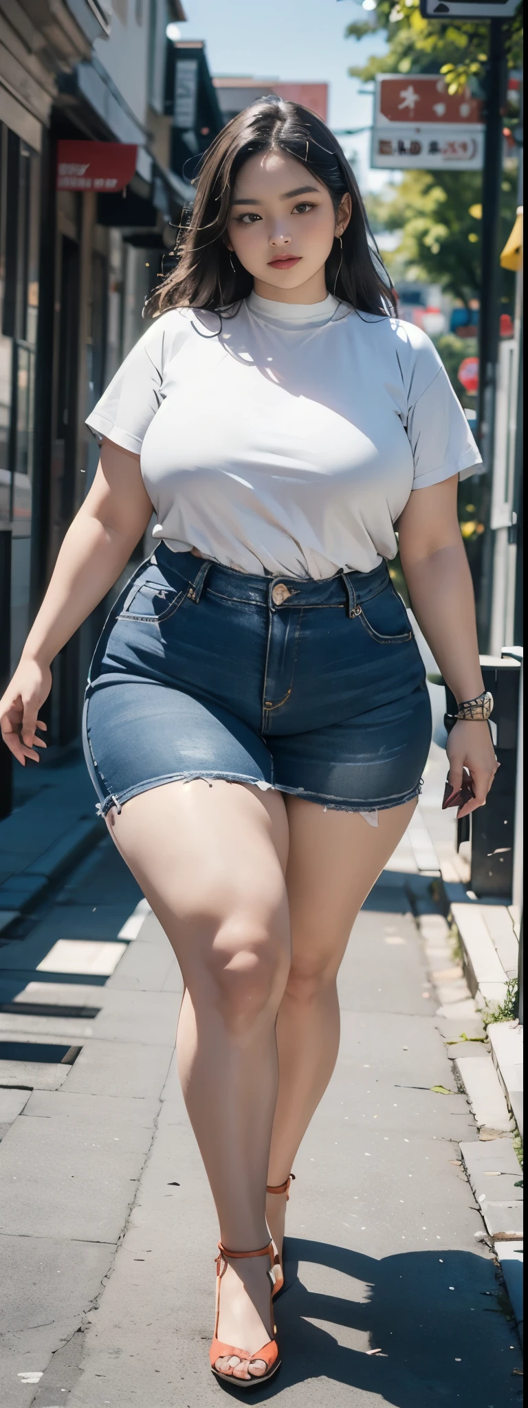 ((best quality)), ((masterpiece)), (detailed), perfect face, araffe woman in a long dark-blue shirt and blue denim skirt walking down a street, thicc, wavy short hair , she has a jiggly fat round belly, bbwchan, wearing tight simple clothes, skinny waist and thick hips, widest hips, her belly is fat and round, soft curvy shape, hyperrealistic full figure, wearing a cute top, wide hips, wearing 10 bracelet , wearing huge diamond necklace , glasses full body photoshoot