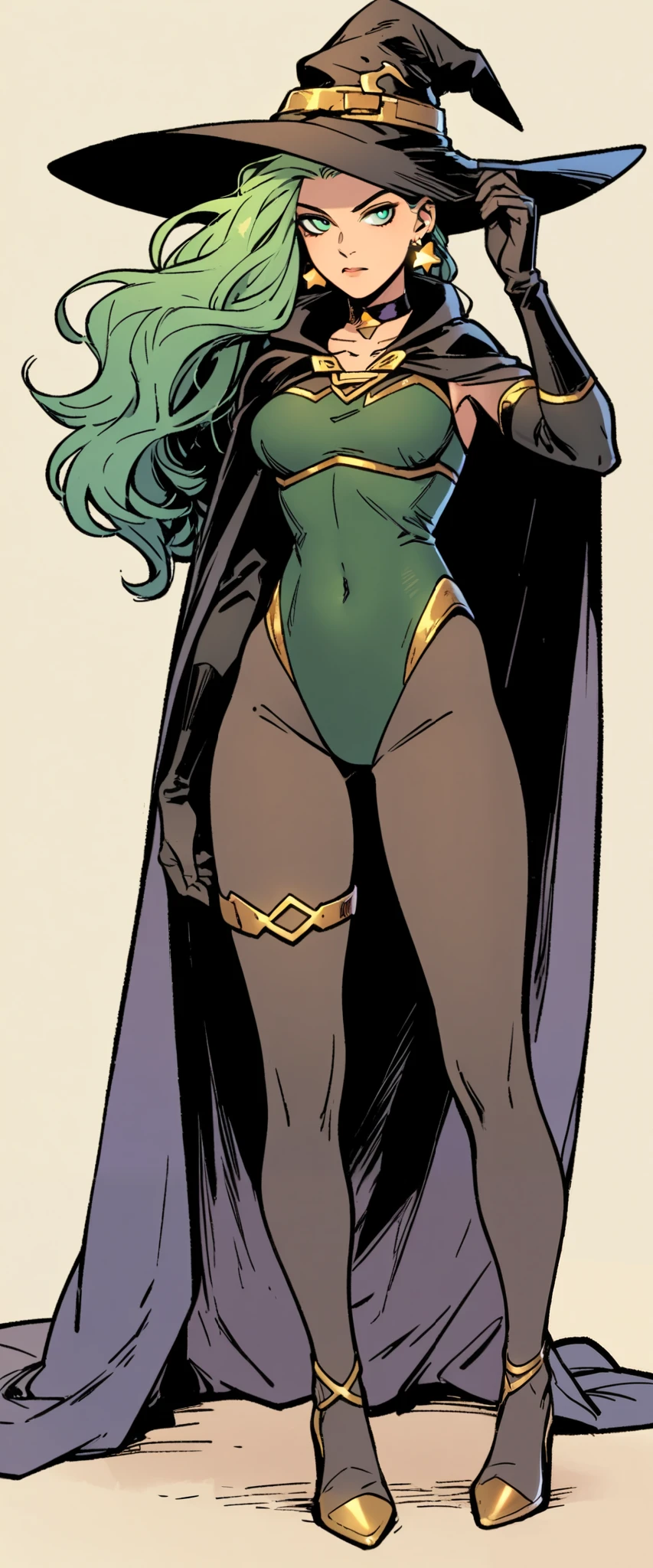 c0m1c_v1, 1girl , hat , solo , witch hat , long hair , gloves , breasts , pantyhose , leotard , full body , green hair , thighlet , black gloves , jewelry , earrings , simple background , high heels , cape , green eyes , gold trim , white background , elbow gloves , black pantyhose , looking at viewer , hand on headwear , highleg , floating hair , medium breasts , highleg leotard , very long hair , closed mouth , detached sleeves , star earrings , capelet , alternate hairstyle , covered navel , choker , bodystocking , standing