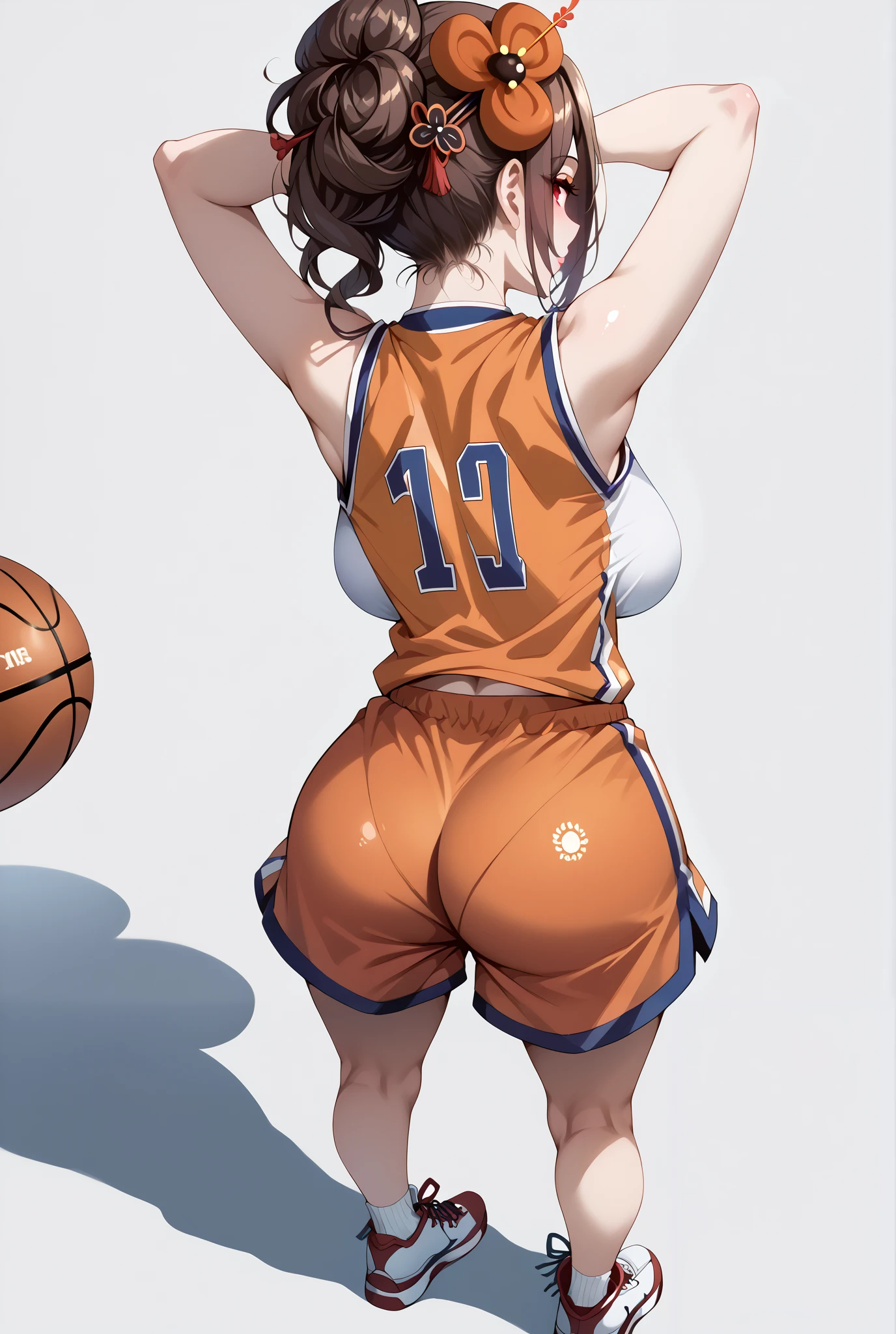 (big ass, huge ass), SFW, (short ((white hair))), (basketball clothes, bare ass), curvy, hourglass figure, thin waist, tall legs, tall girl, slim figure, slim girl, long legs, thin legs, wide hips, slim proportions, curvy ass, firm ass