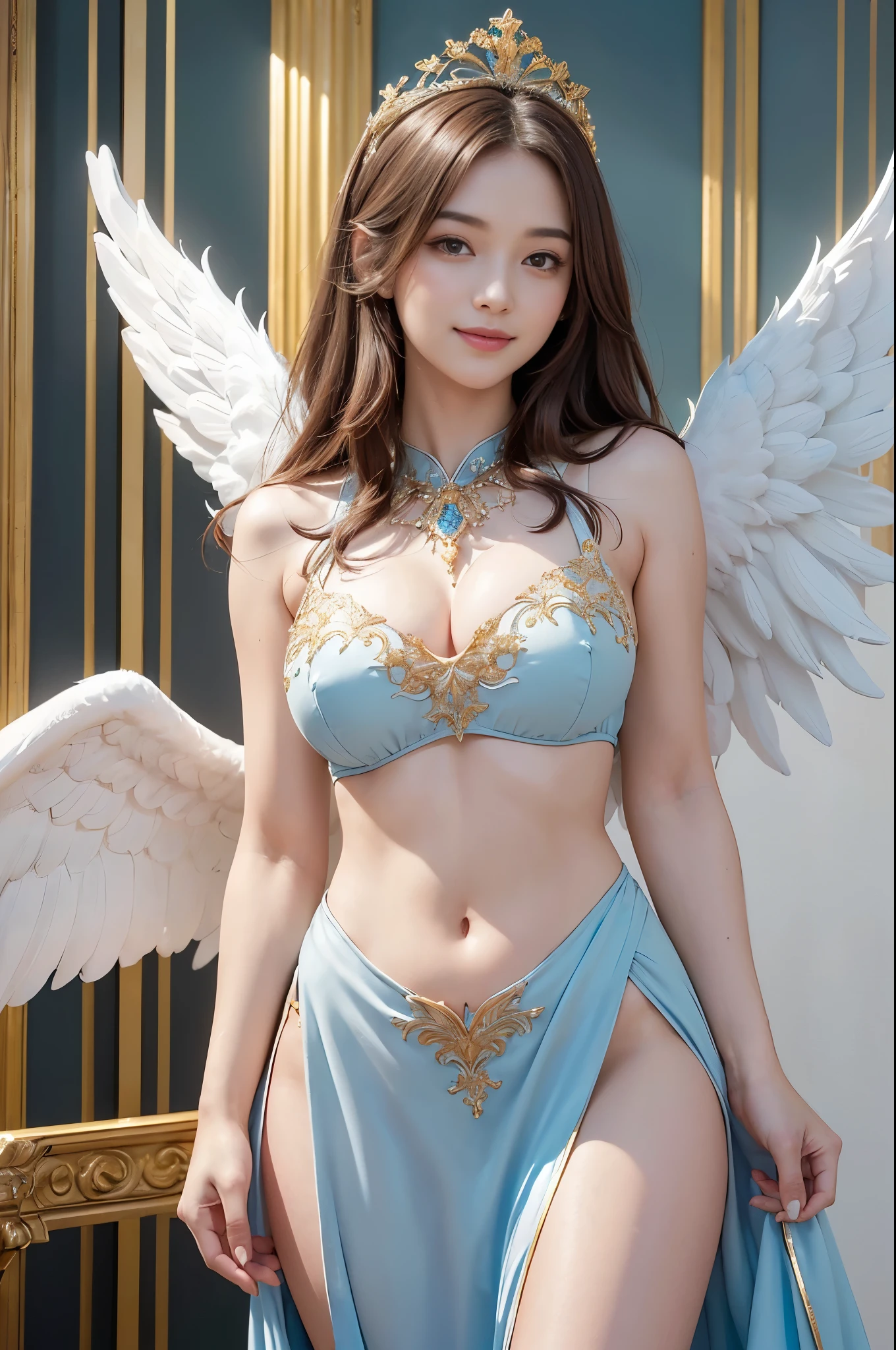 ((Very beautiful angel queen,The final form as a perfect angel, the masterpiece of an angel,Huge and intricate angel wings,The most dignified wings,Golden light,shining background,The most opulent and holy temple background,White and gold temple background,King of Angels,The most dignified angel,Intricate and solemn dresses,Light blue and gold embellishment dress on white,Light blue and gold dress on white base,Complex and majestic angel figure,The most majestic figure of the devil,The most intricately depicted figure of an angel,The World's Most Beautiful,Unimaginable beauties,divine atmosphere,The most intricate and beautiful dresses,Intricate reproduction of the perfect angelic detail,The figure of an unimaginably gorgeous angel,The figure of an unimaginably huge angel)), (((Tyndall effect;1.45))), ((Most beautiful face,Half Japan and half Spanish,The biggest happy smile,Beautiful wavy hair,Black and red hair,The most luxurious and intricate dresses,The biggest smile looking at the camera)),(Elegant standing figure,Fold your hands in front of your navel,)),Chest that seems to burst,Giant wings of angels,The background is the appearance of a perfect angel castle,Masterpiece,8K,very intricate,ultra-detailliert, nsfw