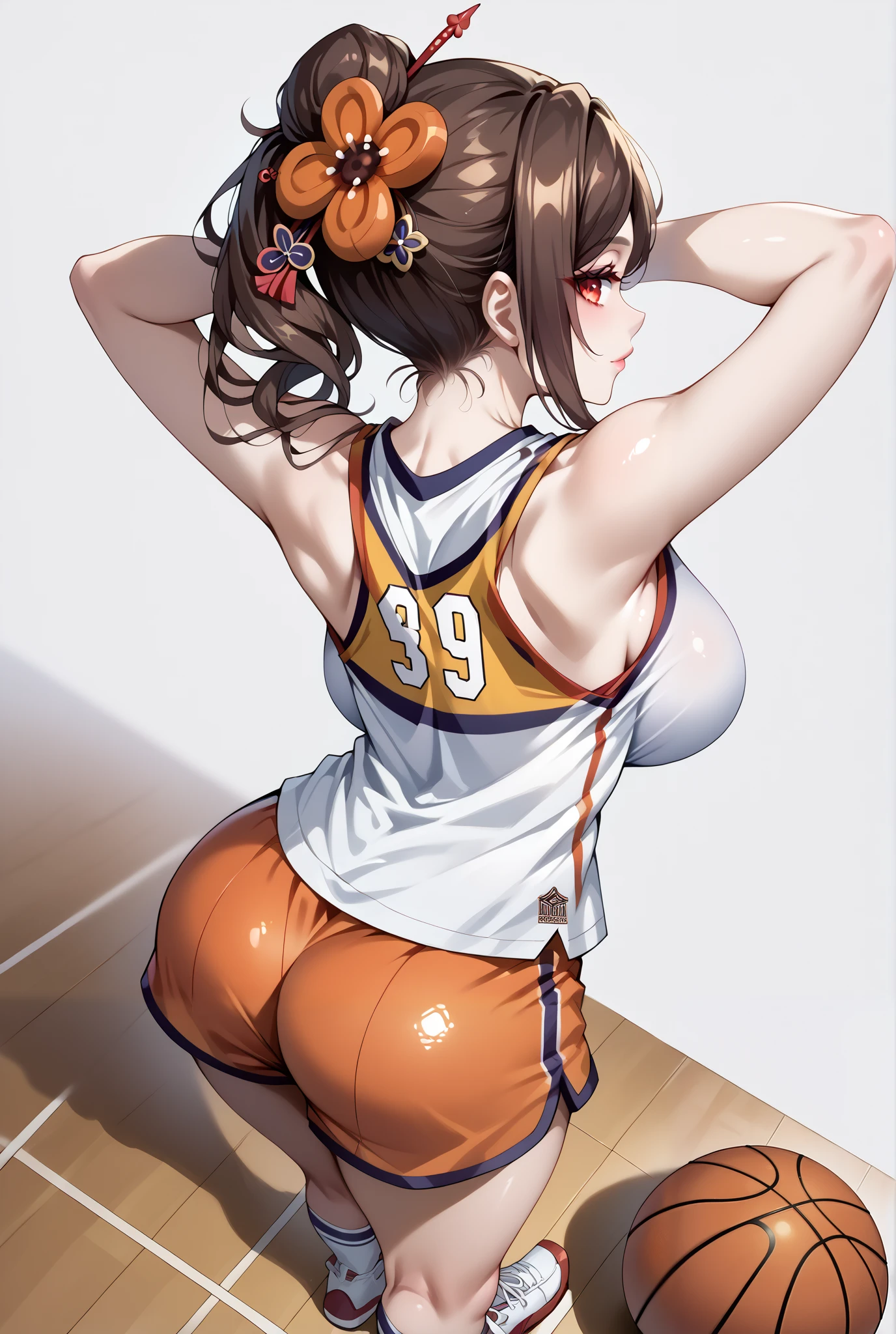 score_9, score_8_up, score_7_up, source_anime, 4K,perfect fingers,(perfect hands, perfect anatomy),prefect lighting, very aesthetic, intricate details,highly detailed background, masterpiece, high quality, best quality,
1girl,Solo,genshinchiori, chiori, brown hair, hair ornament, red eyes, hair flower, large ,
wearing ((basketball uniform, basketball jersery, sportswear, jersey, shorts, sleeveless, )) ,,
perfect  female body, ((NO BALL:1.7)), Point-of-view shot, ( and  pose:1.2), Standing, A sagging ,  ((White plain background:1.5)) , ((leaning forward:1.3)), looking at the spectator, ((arms behind head:1.5)), ((Back view:1.5)), ((High Angle View:1.5)), 
