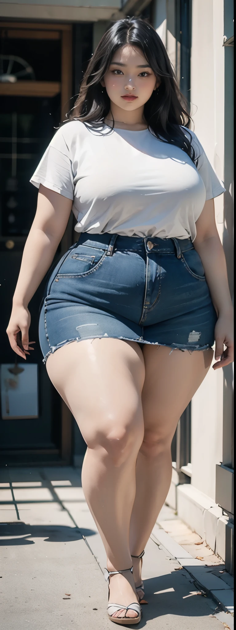 ((best quality)), ((masterpiece)), (detailed), perfect face, araffe woman in a dark-blue shirt and blue denim skirt walking down a street, thicc, she has a jiggly fat round belly, bbwchan, wearing tight simple clothes, skinny waist and thick hips, widest hips, her belly is fat and round, soft curvy shape, hyperrealistic full figure, wearing a cute top, wide hips