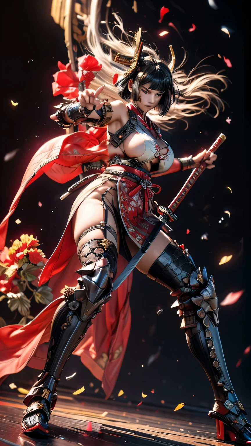 young woman,Oiran,warrior,wielding a huge_weapon, very detailedな, realist,( from front:1.3),(),(battle pose:1.8), Brilliant Appearance ,extremely detailed, Imaginative,sensual ,Top Quality, skin texture,(Bob cut hair:1.8),(black hair),muscular,(large breasts:1.6),(underboob),(red Samurai armor:1.8),(black cloak),(gypsy skirt),garter belt,black tights,absolute region with to,intricate details ,dynamic lighting,(black background:1.6),(flower geranium confetti:1.3),(flowering flower geranium:1.4), RAW photos , 8k, masterpiece, Top Quality,Ultra Detailed,very detailed, intricate details ,high resolution,超intricate details,very detailed 8k cg wallpaper,