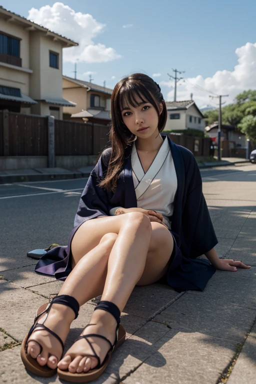 (in 8K、Raw photography、Highest Quality、realisitic、Photorealsitic、Professional Lighting、​masterpiece、extremely delicate and beautiful、Highly detailed、finely detail、ultra-detailliert、hight resolution、Whole human body、low angles)、1girl in、独奏、Japan Night Festival、Sidewalk lined with food stalls、(On the sidewalk bustling with festivals、Beautiful and tall Russian and Japan half model:1.5、Wearing a short floral yukata、Squat with your crotch open facing you、Showing panties on purpose)、long legged、Opening legs、美丽的面容、Mature Face、Realistic body、Textured skin、Blonde in chignon style、a blond:2、Long body:2、Height is 170 cm、Weight is 60 kg、Height is 175 centimeters、Lean proportions、Model body type、Detailed finger、extremely detailed eye and face、beautidful eyes、long eyeslashes、Raw feet、Wet lace white underwear、White panties can be seen from the hem of the yukata、The shape of the woman's pubic area is clearly visible、witheout panties、Breasts are not fluttering:1.5、Do not take off your yukata:1.5