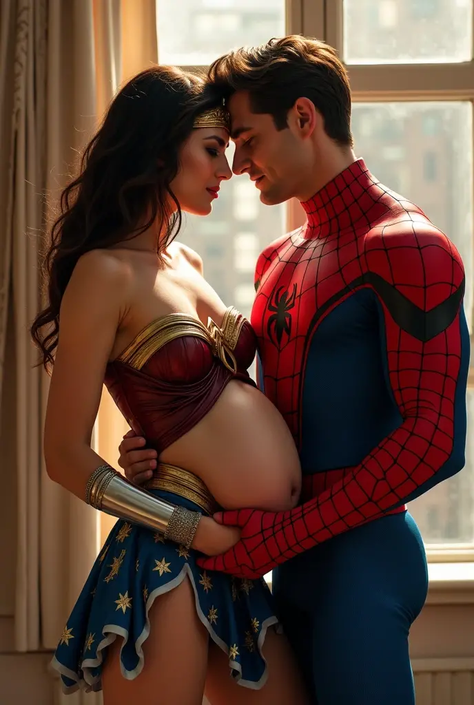 A stunning portrait of Bruce Wayne holding Wonder Woman, she is pregnant, holding her belly, young and beautiful, hyper realistic, real portrait, backlit, exquisite features, cleavage, sexy, seductive, window, natural light, soft light