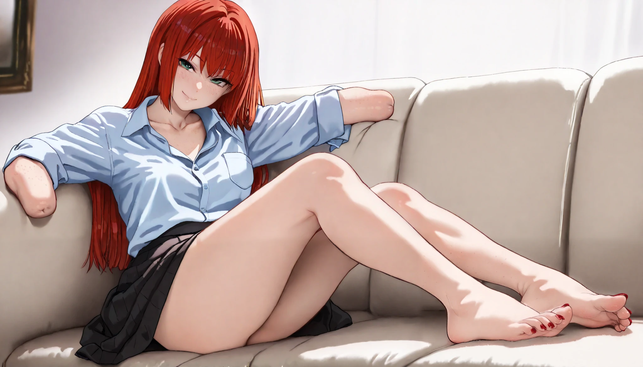 beautiful armless amputee girl dressed in blue shirt with rolled sleeves and skirt lies on the sofa in the living room, girl, cute, sassy, smile, green eyes, (freckles), redhead, ((long straight red hair)), ((light blue button down shirt)), (((rolled up sleeves))), ((missing forearms)), ((elbows)), ((amputee)), (((arm stumps))), (((collarbone))), big breasts, (chest pocket), ((bare legs)), feet, painted toenails, sexy pose, looking at viewer, room, sofa, masterpiece, best quality, amazing quality, realistic, hyper-detailed, (solo)
