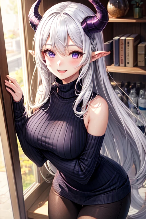 (High definition) (masterpiece) 1 girl, elf, body, cute face, young, slender, perfect waistline, perfect legs, big breasts, in cute sundress, nice cleavage, cute green eyes, long silver hair, smiling, sexy pose