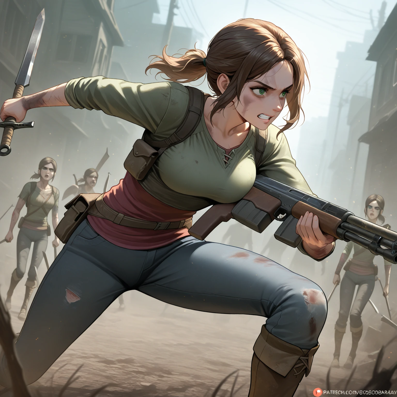 19 y.o., 1 girl, Claire Redfield, very small breast, detailing face, detailing body, big hips, small ass, brown hair, cute, detailing face, source_anime, ruins of the city, dirty skin, wounds, bruises, fatigue, dirty hair, fatique on face, standing, hud_h00diedrss, COLOR dress, short backless hoodie dress, bare shoulders, sleeveless, sideboob, from side, machine gun in hand, boots