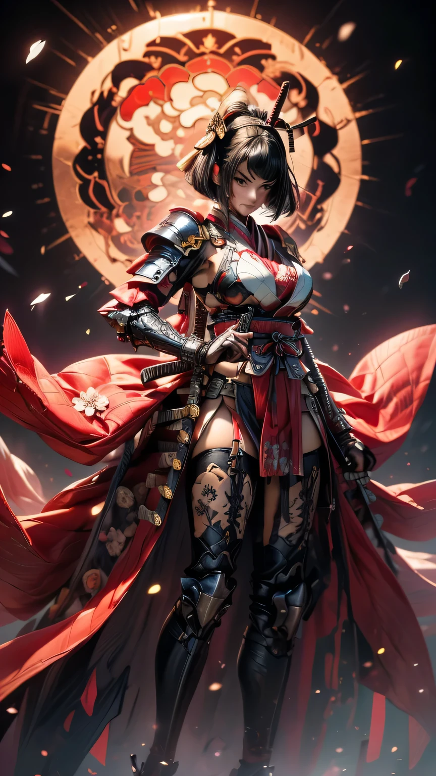young woman,Oiran,warrior,wielding a huge_weapon, very detailedな, realist,from front,(battle pose:1.6), Brilliant Appearance ,extremely detailed, Imaginative,sensual ,Top Quality, skin texture,(Bob cut hair:1.6),(black hair),muscular,(large breasts),(underboob),(red Samurai armor:1.8),(black cloak),(gypsy skirt),garter belt,black tights,absolute region with to,intricate details ,dynamic lighting,(black background:1.6),(flower geranium confetti:1.3),(flowering flower geranium:1.3), RAW photos , 8k, masterpiece, Top Quality,Ultra Detailed,very detailed, intricate details ,high resolution,超intricate details,very detailed 8k cg wallpaper,