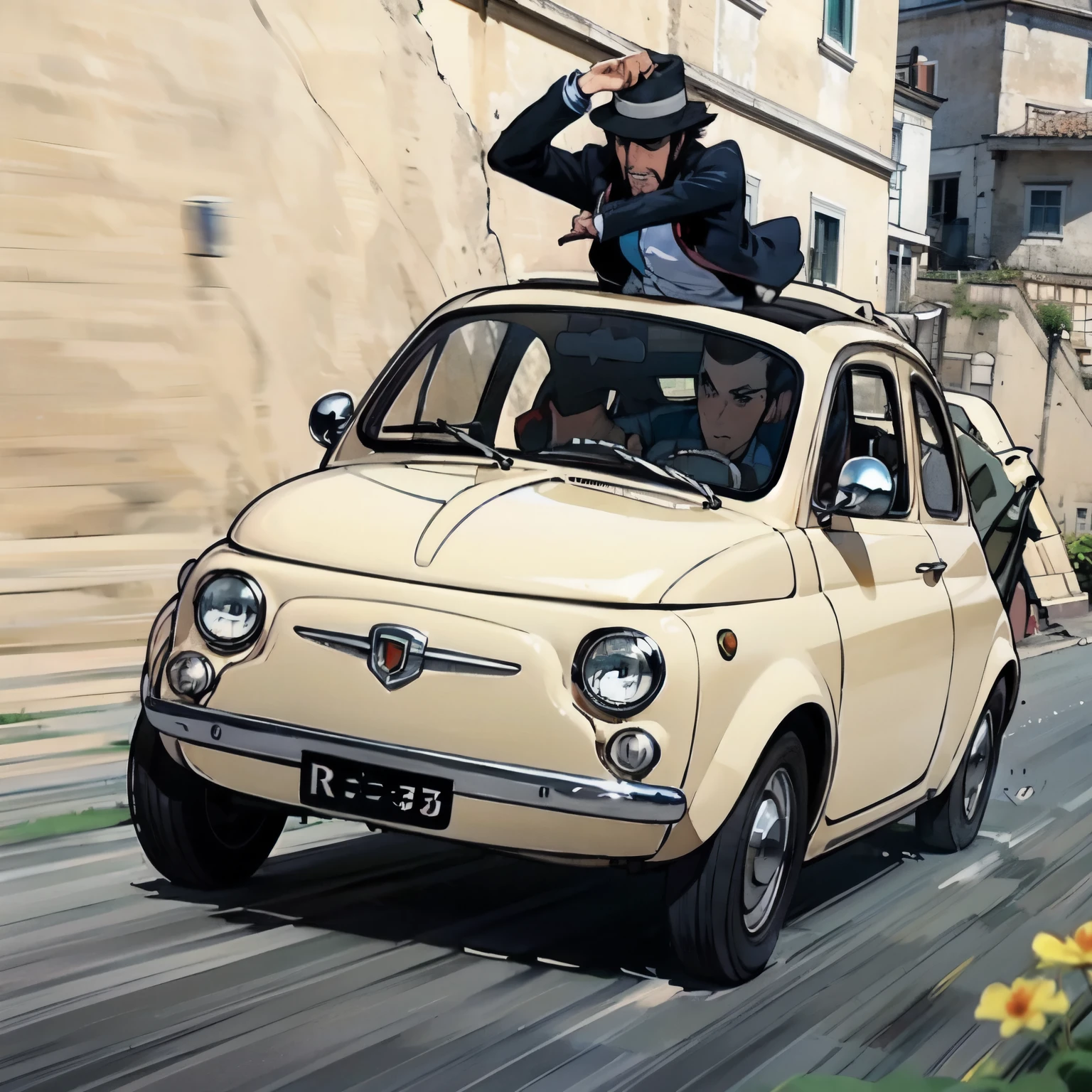 (FIAT500, classical old Italian Fiat 500 car, sassi_di_matera), Lupin III drives the yellow Fiat 500 through the alleys of the Sassi of Matera. Photorealistic shot giving the motion blur of speed. In background Sassi of Matera landscape. Daisuke Jigen sticks his torso out of the roof of a Fiat 500 and prepares to fire a gun,