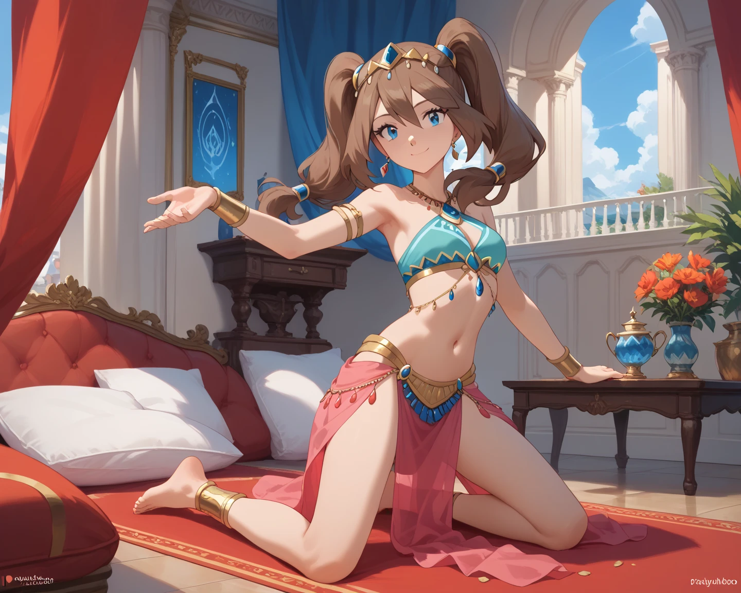 score_9_up, score_8_up, score_7_up, 1girl, solo, source_anime, hourglass figure, Big breasts, kemonomimi, bear ears, brown hair, short hair, messy_hair, blue eyes BREAK freckles, dancing, bare shoulders, strapless, croostop, standing, seductive smile, belly dancer outfit, exposed navel, pelvic curtain, arms up, hands behind head, outdoors, bracelet, jewerly, closed mouth, balcony, arabian town, looking at viewer, night sky, starry sky, barefeet