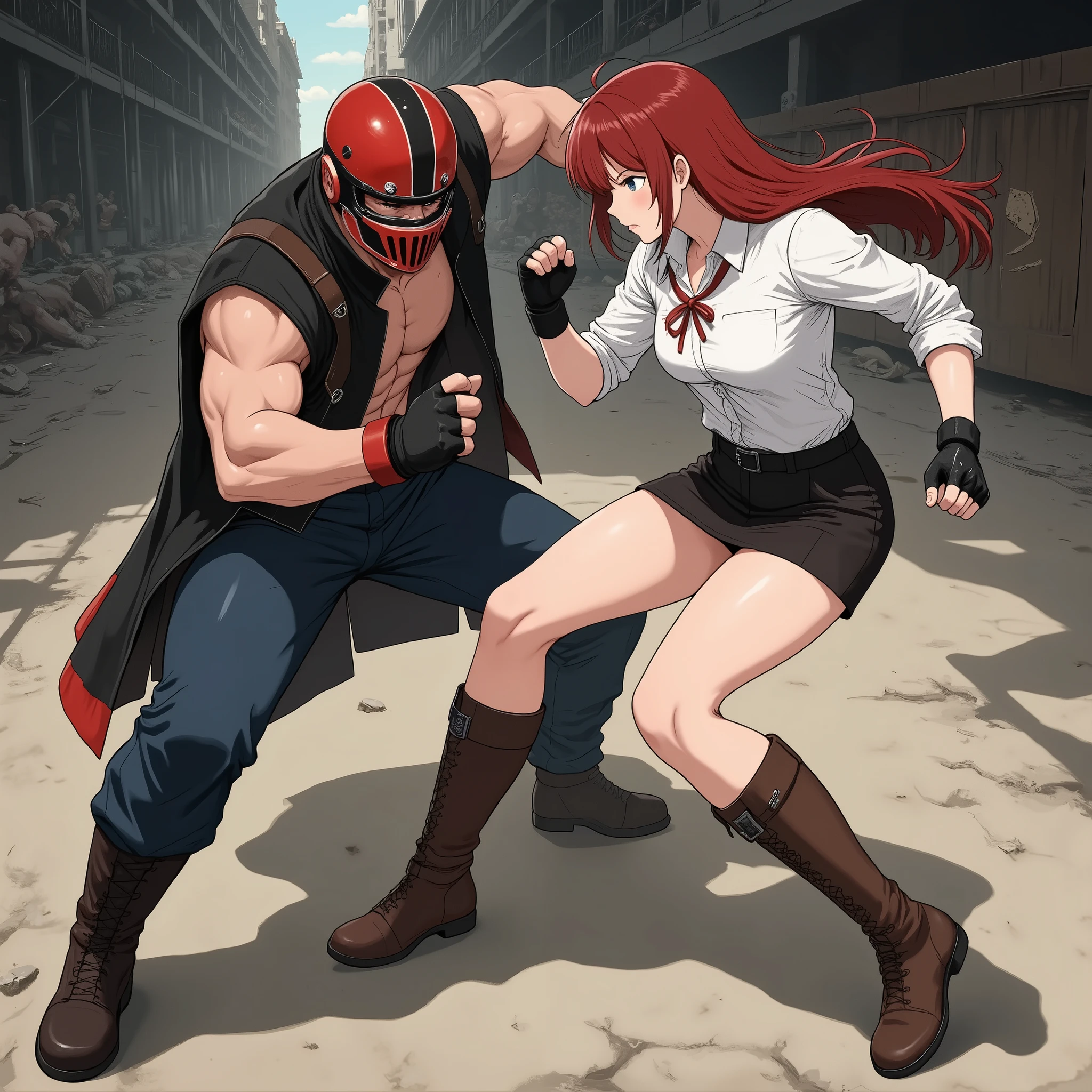 (masterpiece, Top Quality:1.2),。low angle。anatomically correct、 Active Angle。1 girl, 1 boy ,fight、female。Female criminal。。combat posture。femaleの危機。femaleの劣勢。,face to face。Fighting,full body、hand,Perfect Hand。(female:pencil skirt。、blouse。。profile。Sharp Eye。 white shorts in a skirt)( male:helmet。shirtless。)。egmid。from below.
battle of the sexes,handfixer.。80sanime
