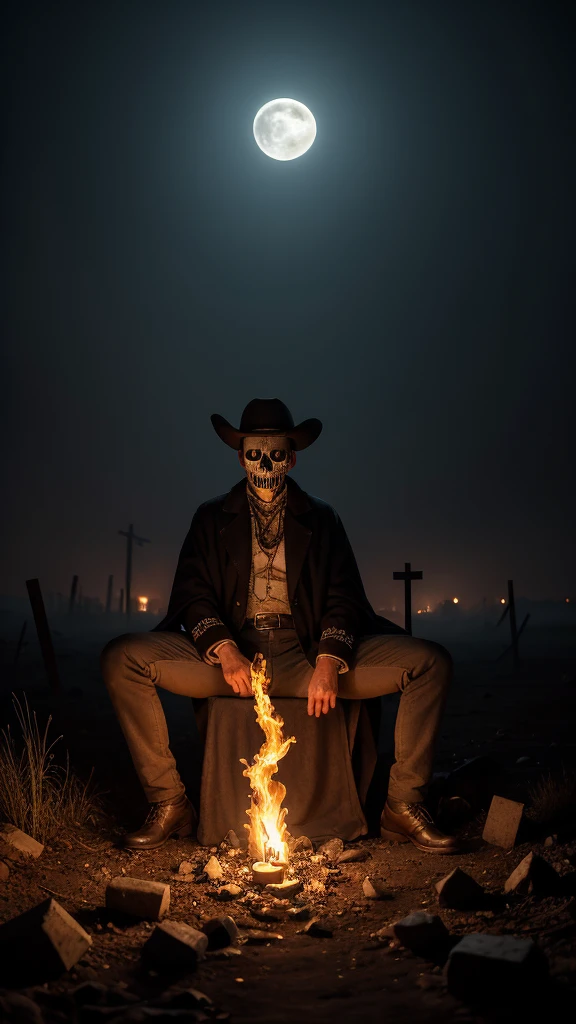 A captivating, eerie cinematic poster in a grimdark art style, featuring a massive, thin skeletal man, missing his left eye, seated on a weathered, decaying box on an old, broken-down dock. The man plays a banjo, meticulously crafted from old driftwood that is slowly disintegrating, its strings creaking ominously with each pluck. The man's tattered clothes hang off his gaunt frame, and his torn straw hat adds to the desolate atmosphere. His skin, darker than the surrounding moonlit atmosphere, appears to be crumbling away, giving the impression of something long dead yet still alive. The dense swamp and wildlife in