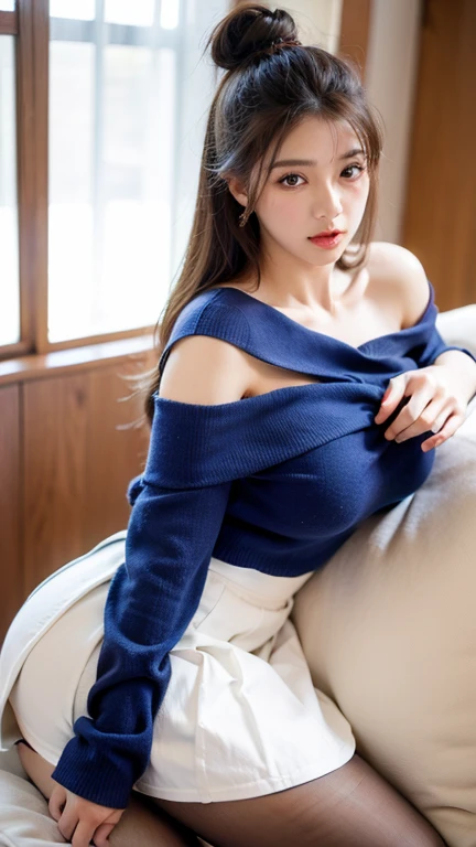 Fashion trendy beautiful and charming woman, gentle and charming Chinese beautiful woman, Korean(kpop-idol), delicate and sexy collarbone, charming oval face, double eyelids, smart [peach]blossom eyes, pink lips, small nose, bare shoulders, focus on the face, close-up of the face, Ultra-high-definition, super-detailed, the ((loose)), white off-the-shoulder shirt perfectly echoes the light blue high slit miniskirt, (chest cutout). ((black)lace panties), fresh and impressive, Natural(medium breasts:1.25), (nsfw:1.2)