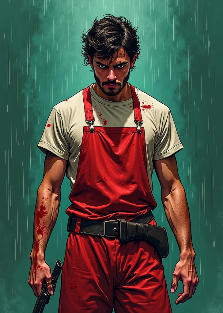 Create a picture in a light background, where a man is wearing white full sleeve shirt and navy blue pant showing his back, the hands are above his butt and in one hand he is holding a chopper and blood is dropping from the chopperand lastly give a horror effect to the picture.