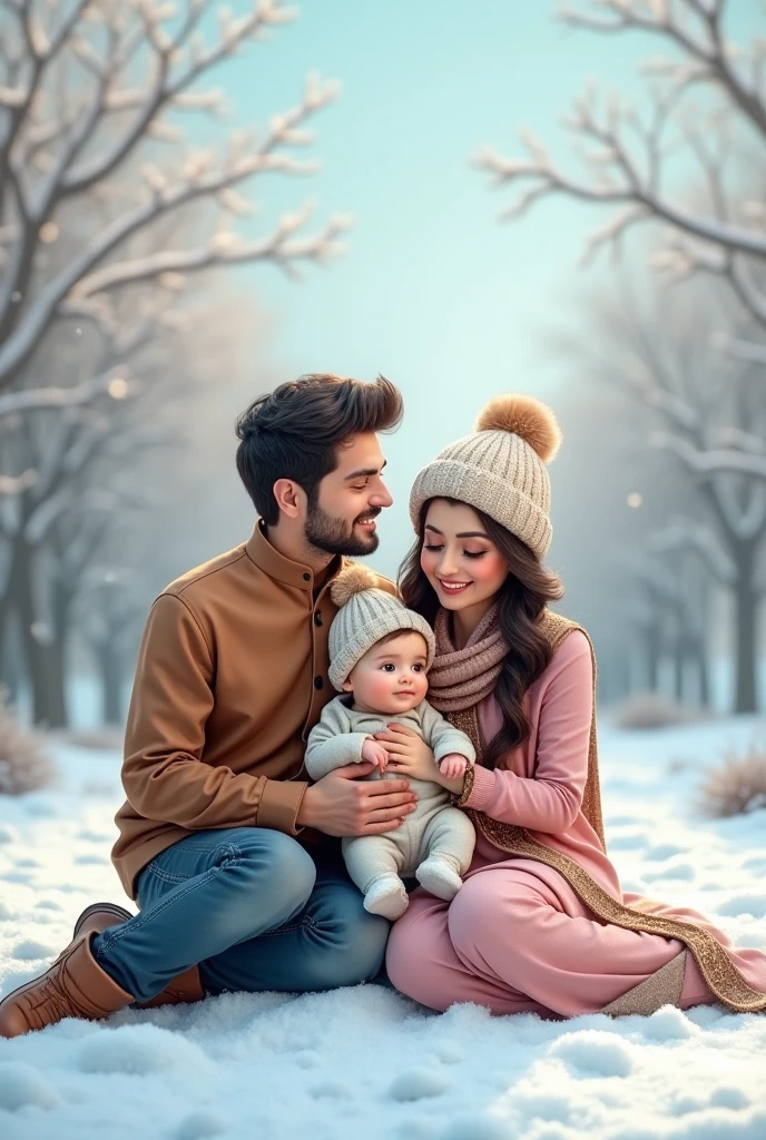 A couple on a balcony looking at a snowy landscape with a baby in a blue dress