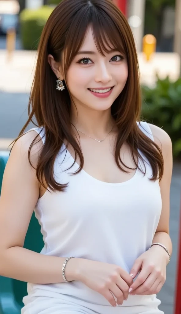 (Preserve face images), Pale face:1.3、Super thin face:1.3, (very big eyes:1.5)、 (blown eyes:1.5), master piece、Golden Ratio、8k, {highest quality}, {{masterpiece}}, {very delicate and beautiful}, outstanding light and shadow, highly detailed wallpaper, clear and bright sunlight, (((Full body))), 1 girl, blush、(薄い茶Farbeの髪), strong sunlight, ((a strong light shines on your face)), Farbe々A pose:1.5, necklace、ring、earrings、BREAK (( (Terrace seating at a cafe with a sea view), , Oversized organic cotton muscle tee, Tencel lyocell midi slip skirt, plant-based leather huarache sandals, fair-trade raffia tote bag, biodegradable acetate geometic sunglasses, (Toothless smile:1,5),
