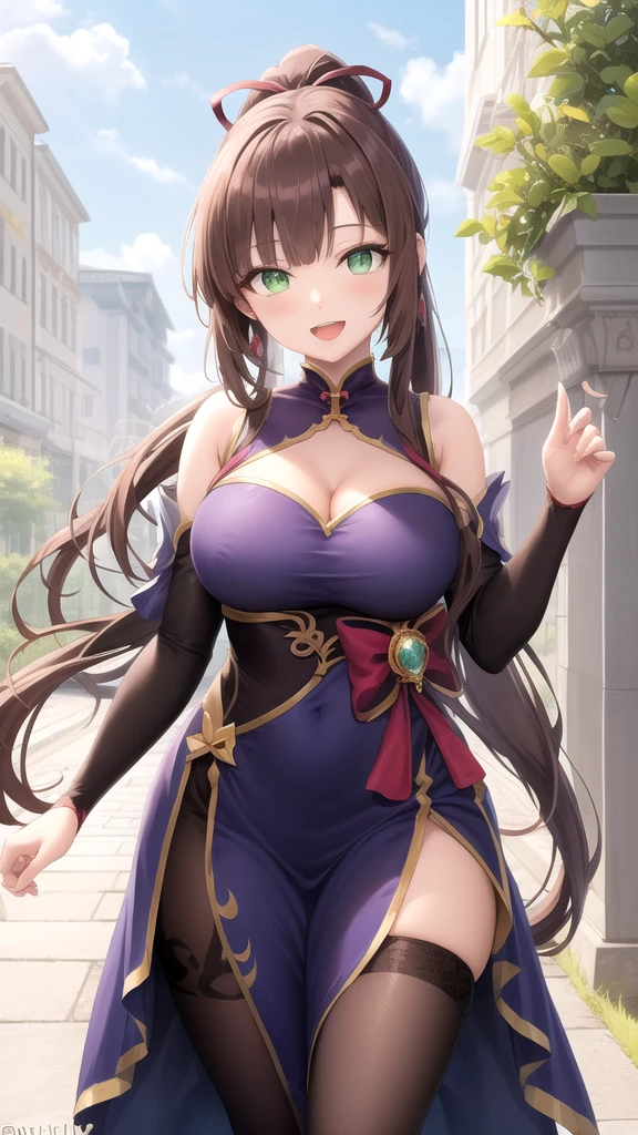 Tall girl, long brown hair, high ponytail, The eyes are golden, Purple Hanfu, neckline on the chest, Masterpiece, hiquality