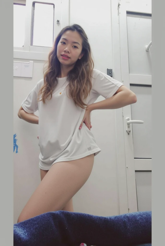 (pp clothes), (realistic), girl showing her panty, show underwear, wear underwear, visible underwear, Indonesian face, dark room situation, Indonesia teen Girl sees the ghost and pees herself in fright, incontinence, panty are wet.