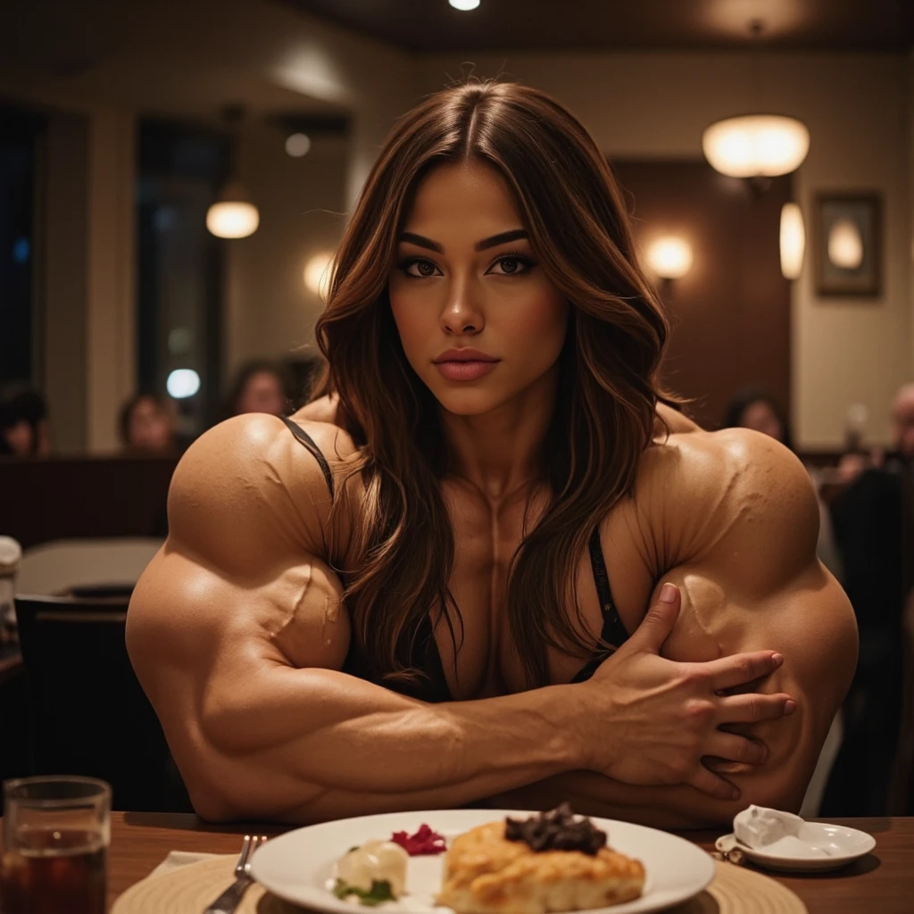 (Muscular:1.7), (large round breasts:1.4), (large muscular chest and shoulders:1.1), FEMALE, brown hair, long brown hair, (big smile:1), (wearing a top and skirt:1.5), looking at viewer, (three quarter view:1.2), upper body view, (school cafeteria:1.5), dark lighting, detailed skin, detailed eyes, (clean skin:1.5), (very thin waist:1.3), (huge body muscles:1.7), (one protagonist:1.5), 