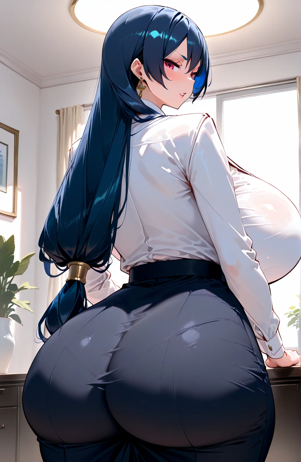Anime girl with big ass sitting at table in room, beautiful anime girl squatting, Seductive Anime Girl, range murata and artgerm, (SFW) safe for work, Bending over, Chic, the anime girl is crouching, lit from behind, very detailed Artgerm, a hyperrealistic schoolgirl, Fine details. girls' frontline