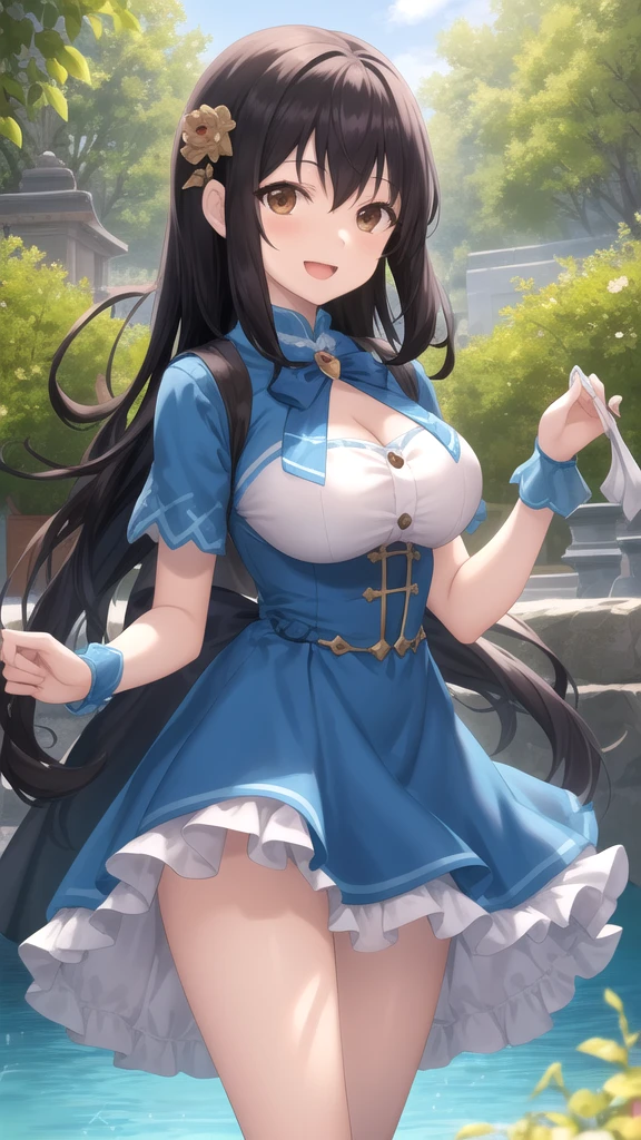 Black-haired girl，Indifferent girl，Golden pupils，Black long hair，braid，braid，脑后braid，Lolita skirt，Blue Lolita Dress，Lolita style，Blue Skirt，Blue Skirt，Blue Skirt，Blue Skirt，蓝白Lolita skirt，Blue Dress，Blue Dress，Red bow tie，Red bow tie，单条braid，单条braid，短braid，Repressive style，Garter stockings，Garter stockings，Garter stockings，Big breasts，Great Sword，手持Great Sword，手持Great Sword，Great Sword