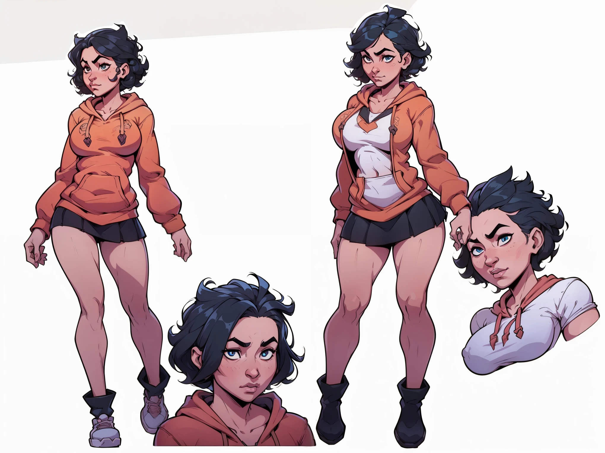 mari, wide hips, black hair, 1girl, cms, (longer wavy haircut, curly hair), k4r3nh41r, exaggerated inflated legs, 4k, highly details, (((tiny breasts))), ((wearing a casual loose hoodie and short skirt)), sensual, 4k, highly detailed face, perfect skin, detailed face, focus on eyes, anatomically correct, ((((reference sheet, simple white background, (multiple views), (full body), dynamic pose,,))))