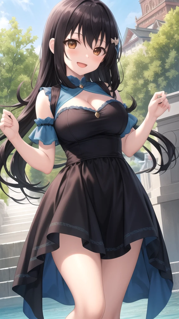 A beautiful girl wearing a navy blue dress posing for a photo, anime girl, in the park, Lolita style dress with ruffles and lace, (flower printed elegant dress skirt), low-cut chest, blue sky and white clouds, windy day, white stockings above the knee, (looking at the viewer), big rounds breasts, dark brown hair, long bangs, long hair, wavy hair, shiny hair, expressive hair, hair flower, hair ribbon, jewelry, aqua eyes, glowing eyes, pupils sparkling, earrings, open mouth, blush, tongue, happy, red lips, glossy lips, upper teeth, naughty face, big rounds breasts, slim waist, beautiful and detailed legs, cute thighs, full body, well defined body, fine lace panties, (showing elegant panties:1.4), exposed panties, skirt lift, upskirt, wind blowing up dress skirt, high detail, ultra-detailed, anime, dithering, beautiful illustration, depth of field, pov, low angle, from below, perspective, panorama, game cg, NSFW, Wide-Angle, f/1.8, 85mm, Sony FE GM, 8k, super detail, UHD, retina, masterpiece, accurate, anatomically correct, textured skin, highres, 16k